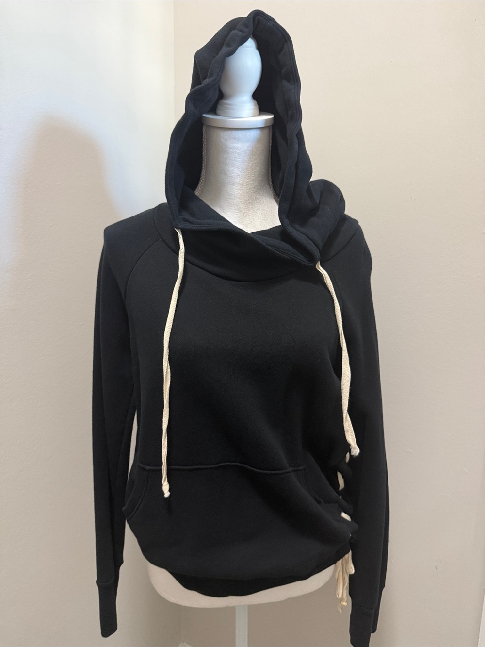 NSF Black Hooded Crewneck Sweater with Cream Drawcords